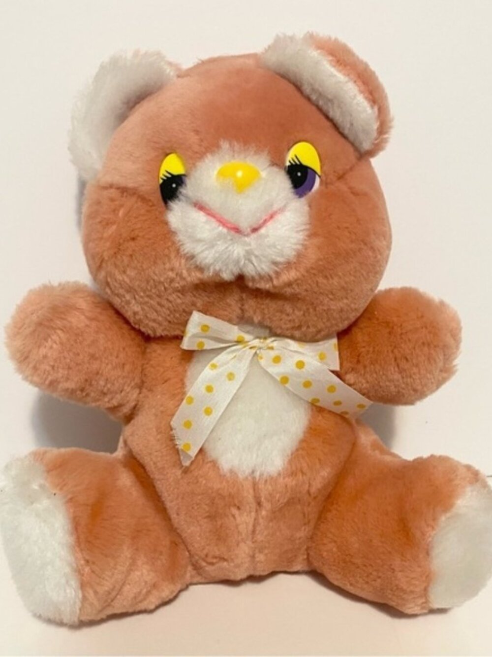 Vintage Teddy Bear Plush Hard Yellow Purple Eyes Nose Polka